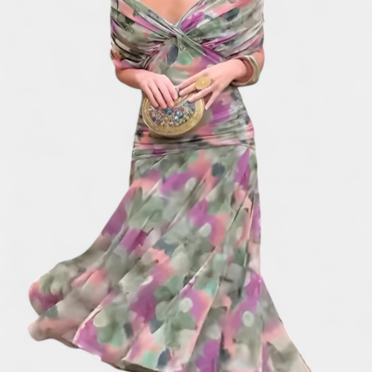 AVA JOLENE | FLORAL V-NECK PLEATED MAXI DRESS FOR WOMEN