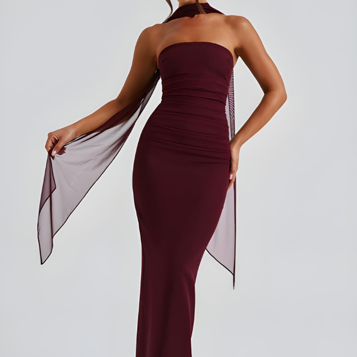 AVA JOLENE | STRAPLESS MAXI BODYCON DRESS WITH SCARF DETAIL FOR WOMEN