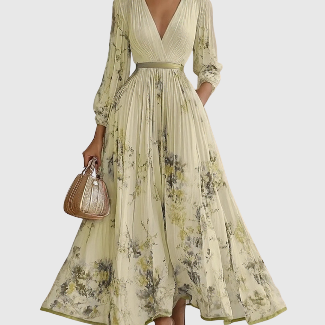 AVA JOLENE | PLEATED V NECK MAXI DRESS WITH TIE WAIST FOR WOMEN