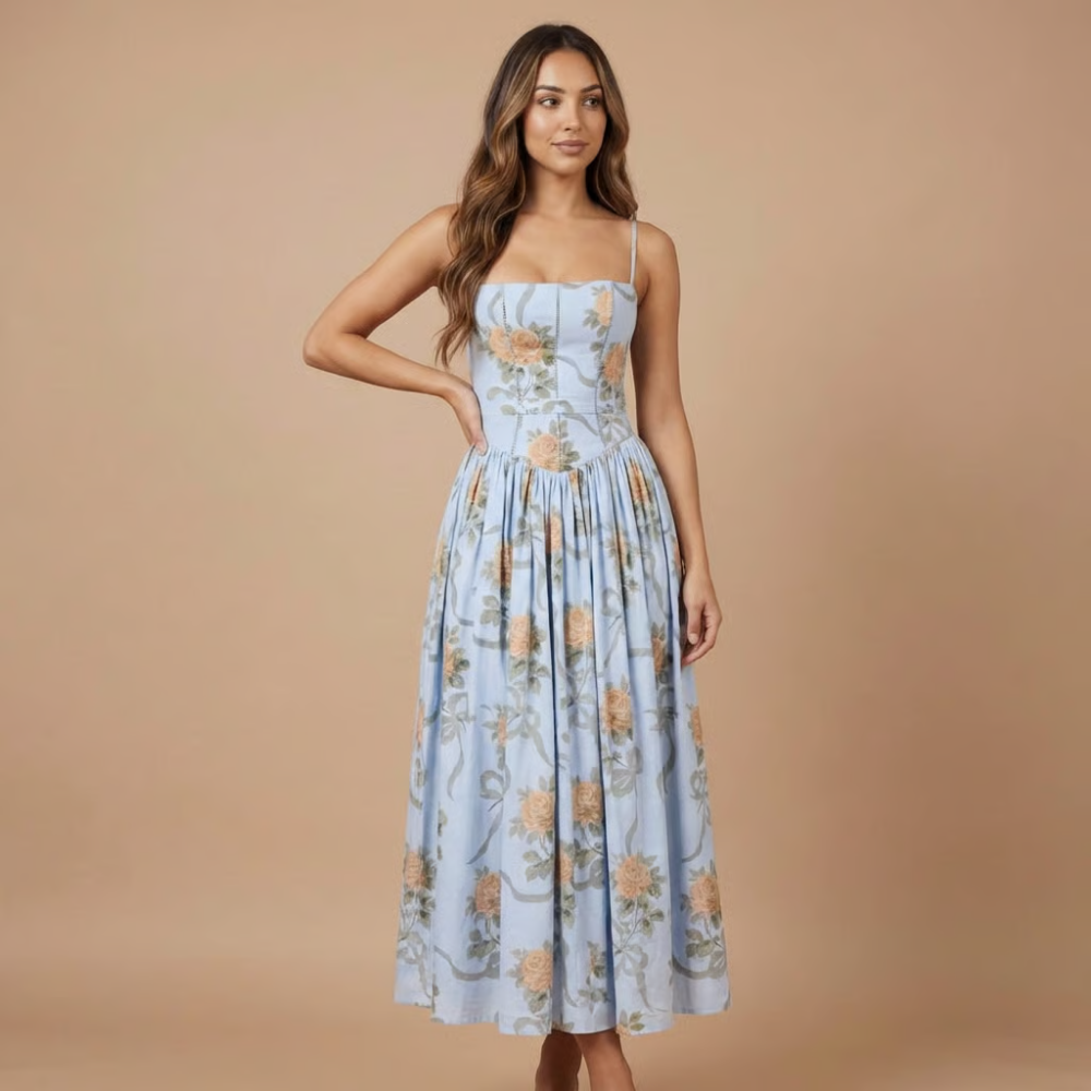 AVA JOLENE | FLORAL MIDI DRESS STRAIGHT NECK CORSET DRESS FOR WOMEN