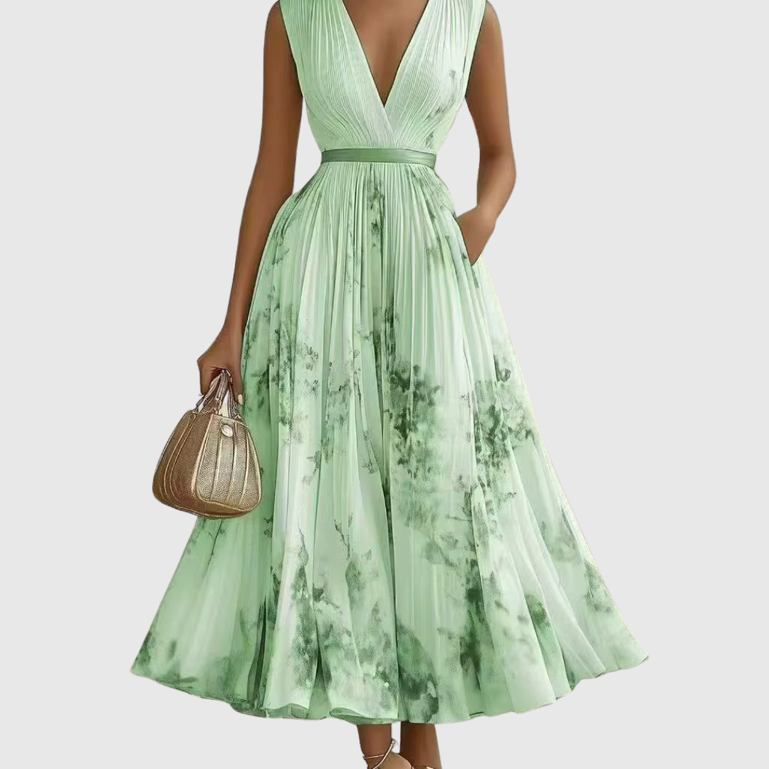 AVA JOLENE | PLEATED V NECK MAXI DRESS WITH TIE WAIST FOR WOMEN