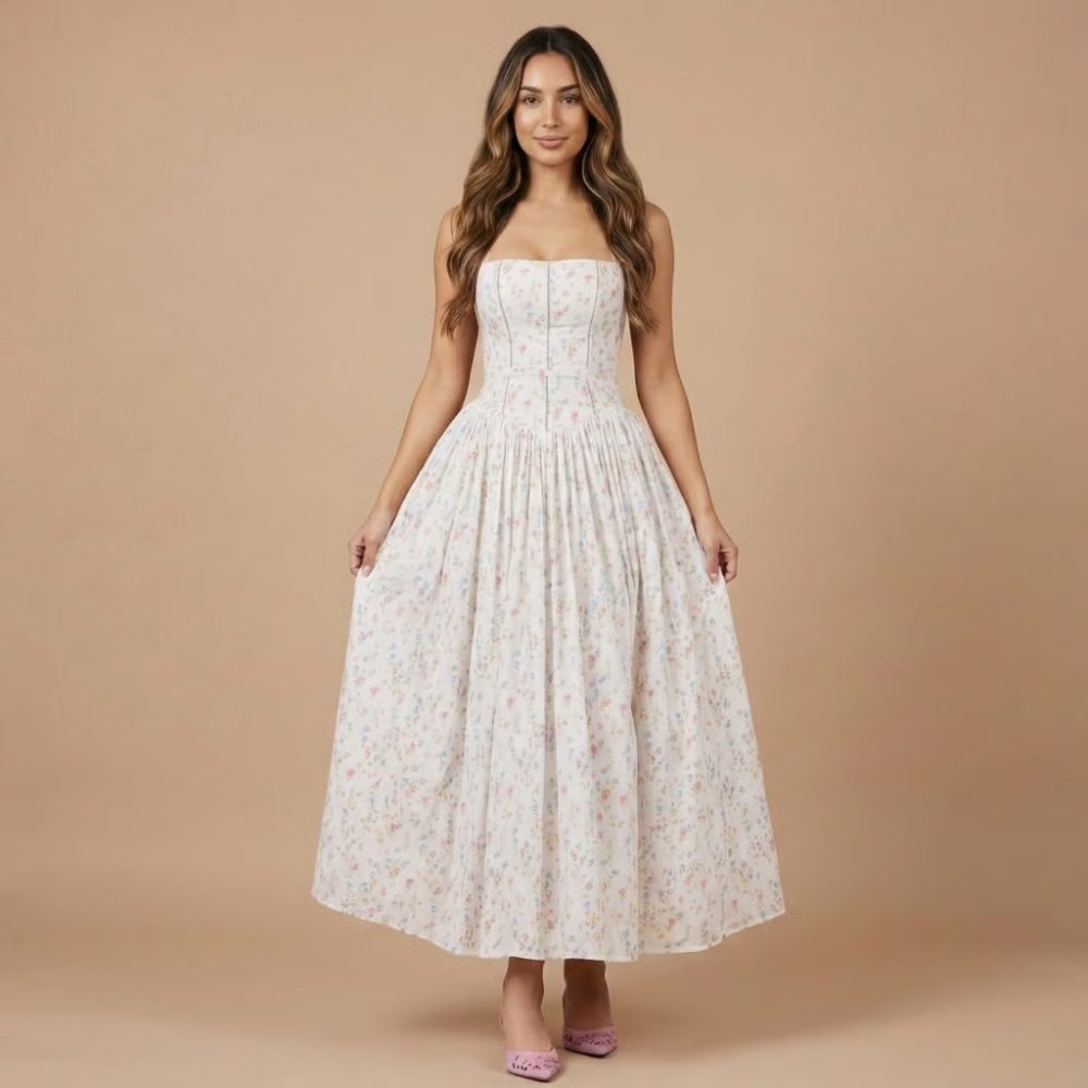 AVA JOLENE | FLORAL MIDI DRESS STRAIGHT NECK CORSET DRESS FOR WOMEN