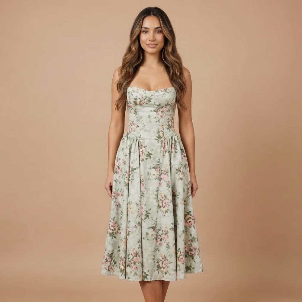 AVA JOLENE | FLORAL MIDI DRESS STRAIGHT NECK CORSET DRESS FOR WOMEN