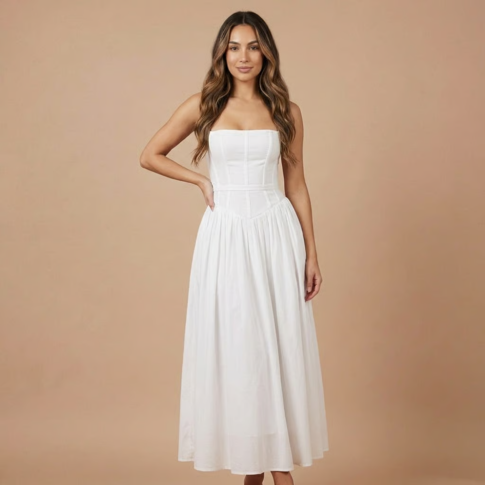 AVA JOLENE | FLORAL MIDI DRESS STRAIGHT NECK CORSET DRESS FOR WOMEN