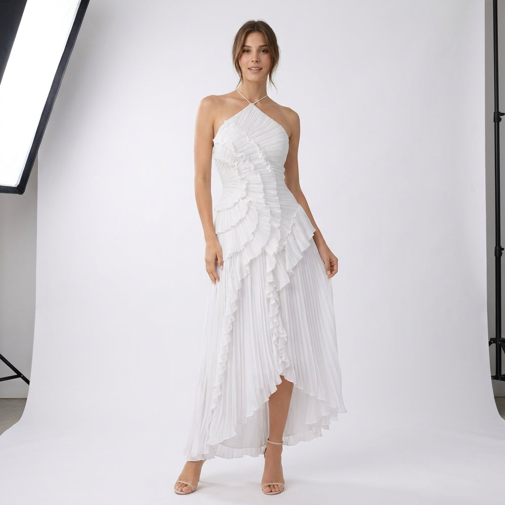 AVA JOLENE | LAYERED RUFFLE HALTER MAXI DRESS FOR WOMEN