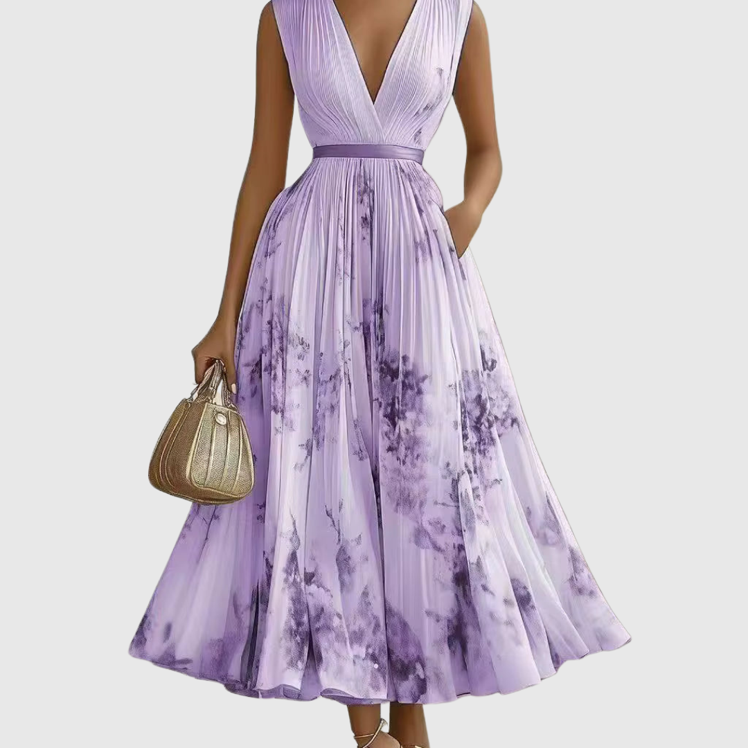 AVA JOLENE | PLEATED V NECK MAXI DRESS WITH TIE WAIST FOR WOMEN