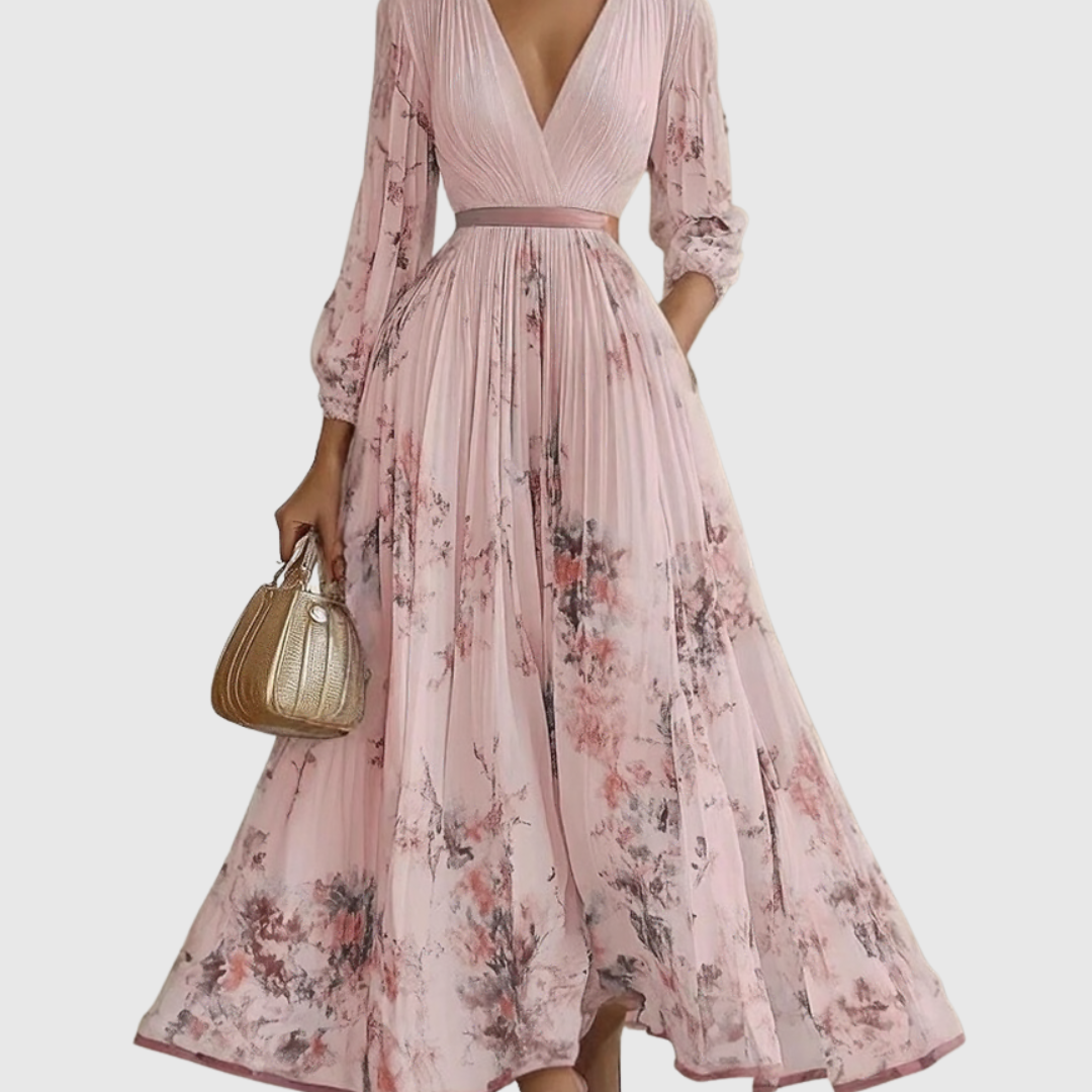 AVA JOLENE | PLEATED V NECK MAXI DRESS WITH TIE WAIST FOR WOMEN