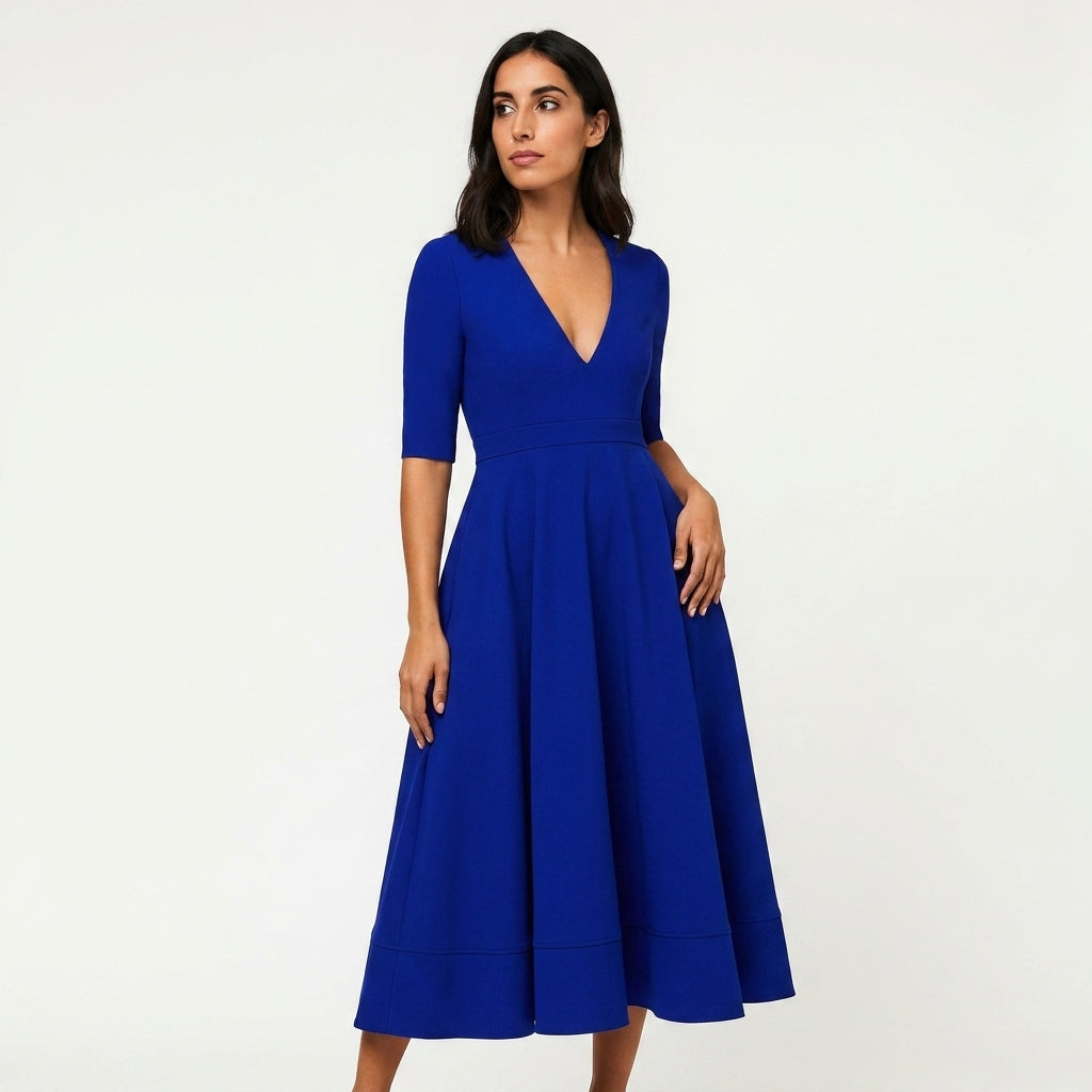 AVA JOLENE | V NECK A-LINE MIDI DRESS FOR WOMEN