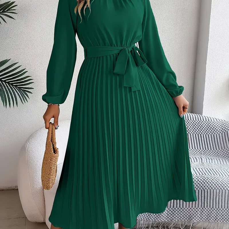 AVA JOLENE | PLEATED MIDI DRESS WITH FABRIC BELT FOR WOMEN