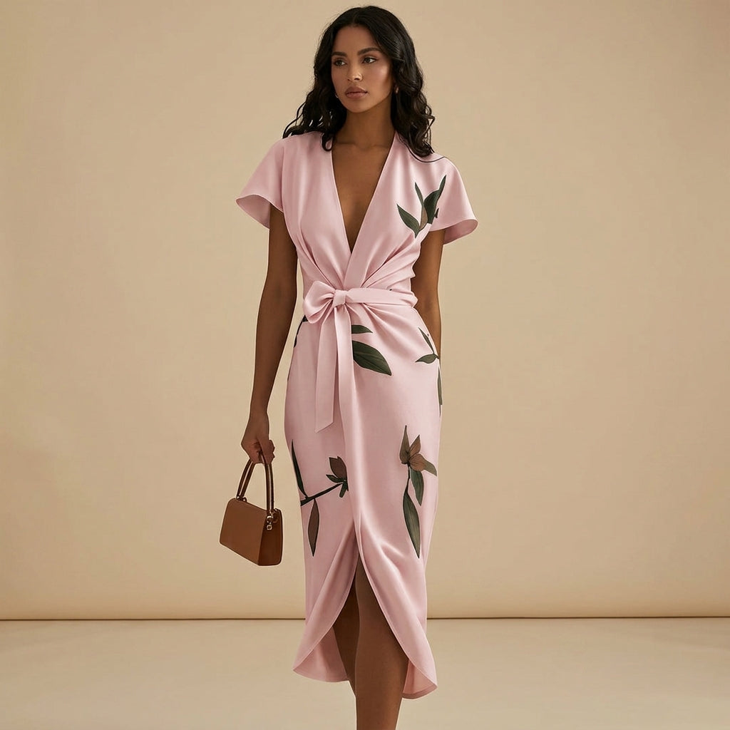 Luna Fashion House | Women's Floral Wrap Midi Dress V Neck Leaf Print