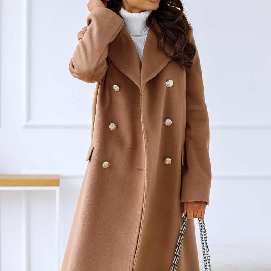 AVA JOLENE | DOUBLE-BREASTED LONG COAT WITH WIDE LAPEL FOR WOMEN