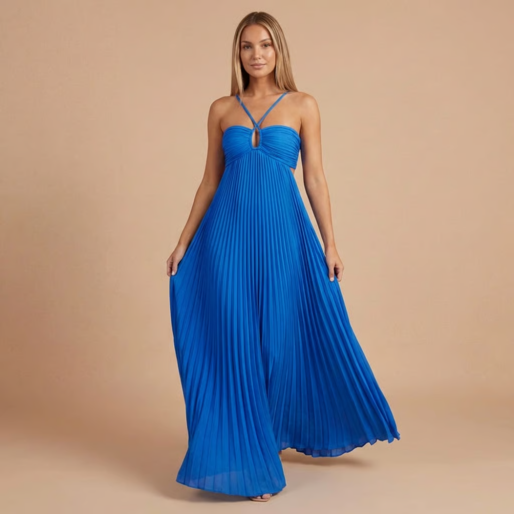AVA JOLENE | PLEATED HALTER MAXI DRESS FOR WOMEN