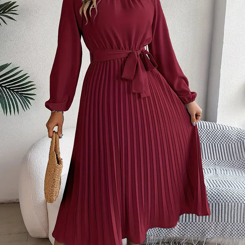 AVA JOLENE | PLEATED MIDI DRESS WITH FABRIC BELT FOR WOMEN