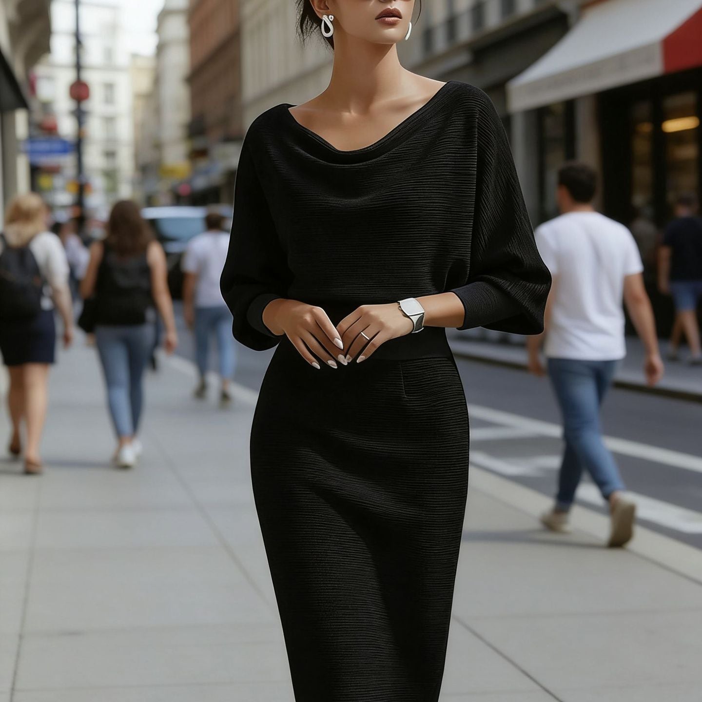 AVA JOLENE | DRAPED NECK SHEATH MIDI DRESS FOR WOMEN