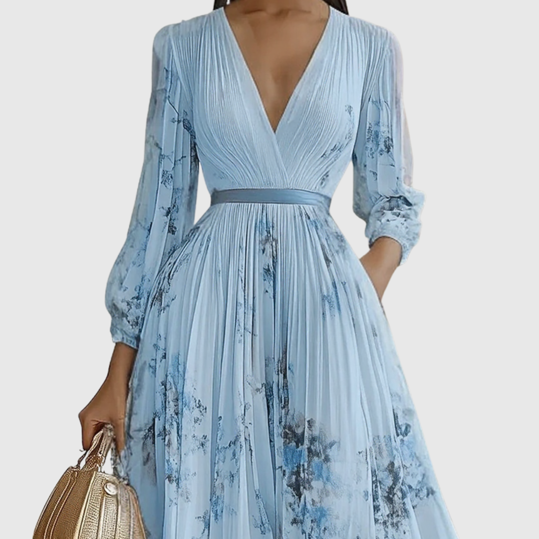 AVA JOLENE | PLEATED V NECK MAXI DRESS WITH TIE WAIST FOR WOMEN
