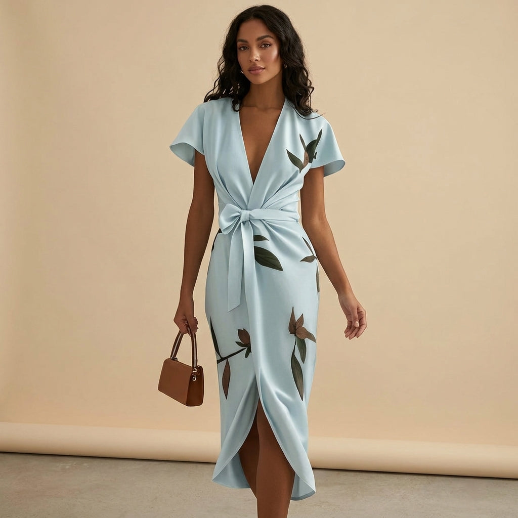 Luna Fashion House | Women's Floral Wrap Midi Dress V Neck Leaf Print