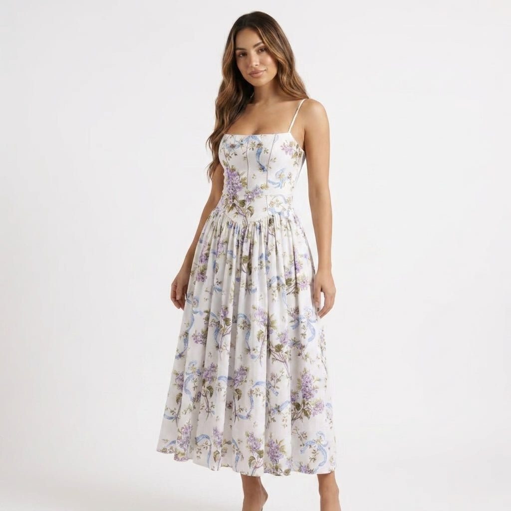 AVA JOLENE | FLORAL MIDI DRESS STRAIGHT NECK CORSET DRESS FOR WOMEN