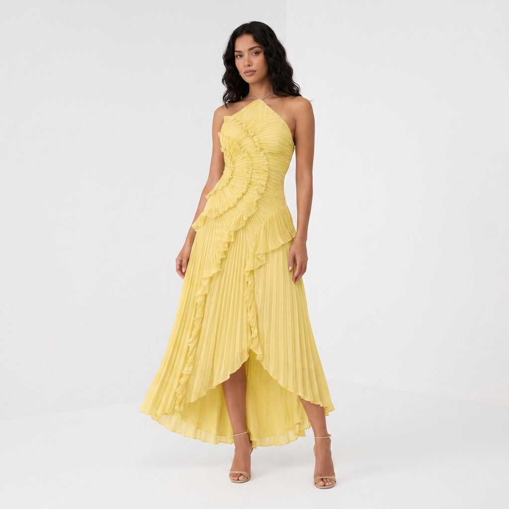 AVA JOLENE | LAYERED RUFFLE HALTER MAXI DRESS FOR WOMEN