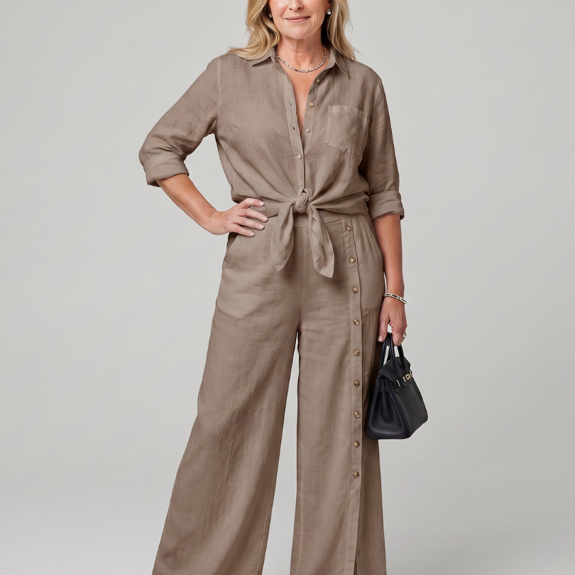 AVA JOLENE | Tie Front Wide Leg Two Piece Set For Women