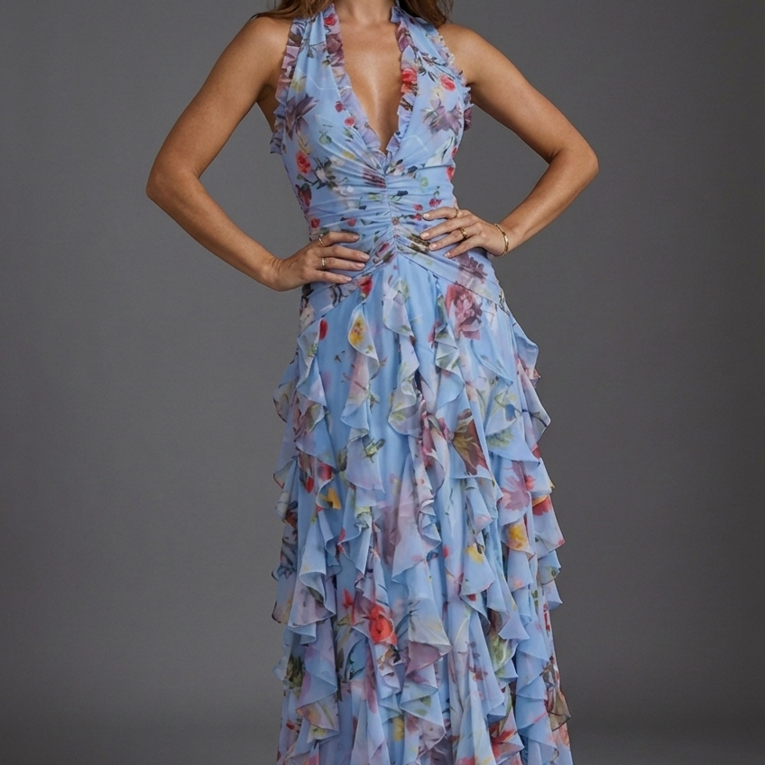 AVA JOLENE | FLORAL HALTERNECK RUFFLE MAXI DRESS FOR WOMEN