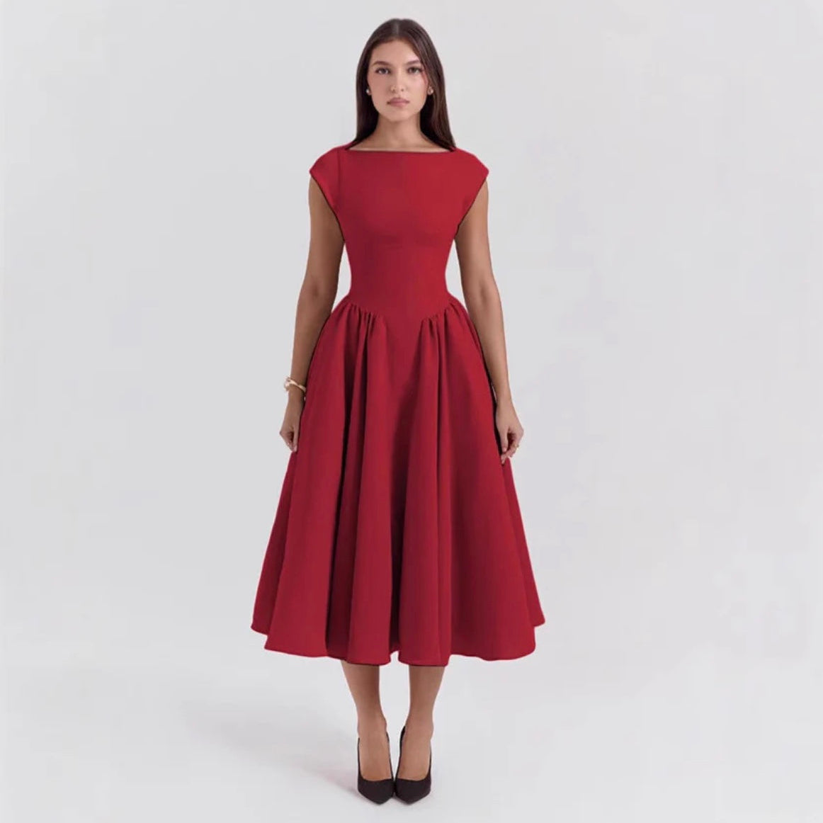 AVA JOLENE | STRUCTURED CAP SLEEVE MIDI DRESS FOR WOMEN