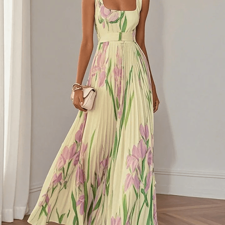 AVA JOLENE | FLORAL PLEATED CHIFFON MAXI DRESS FOR WOMEN