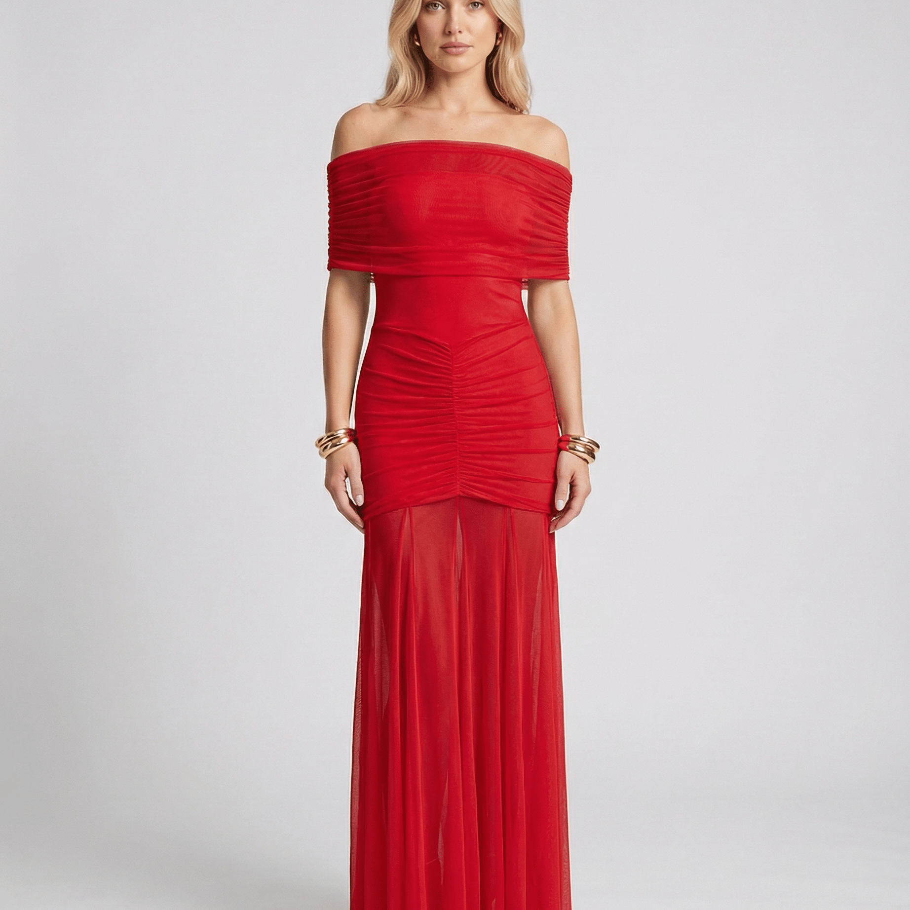 AVA JOLENE | OFF SHOULDER RUCHED SHEER MAXI DRESS FOR WOMEN