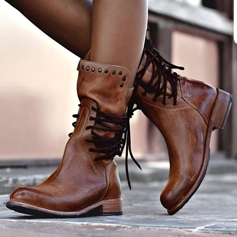 AVA JOLENE | LACE-UP STUDDED MID-CALF BOOTS FOR WOMEN