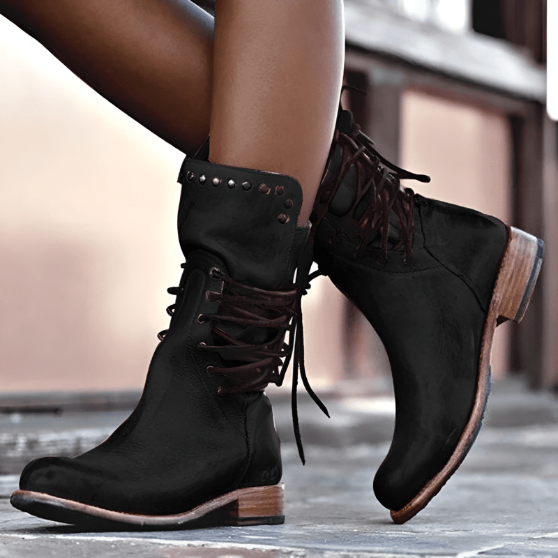 AVA JOLENE | LACE-UP STUDDED MID-CALF BOOTS FOR WOMEN