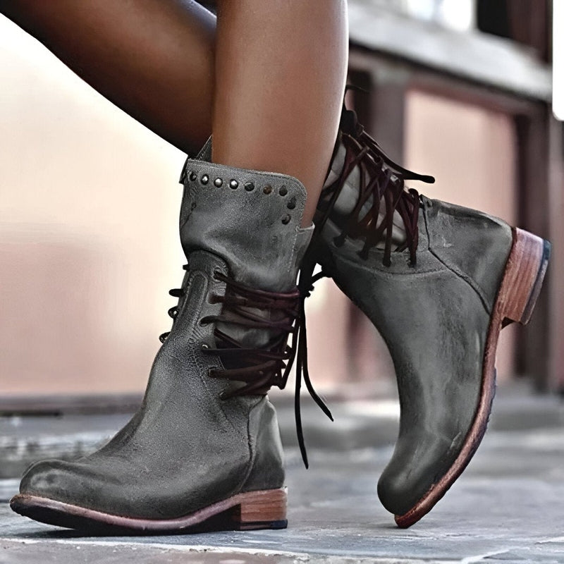 AVA JOLENE | LACE-UP STUDDED MID-CALF BOOTS FOR WOMEN