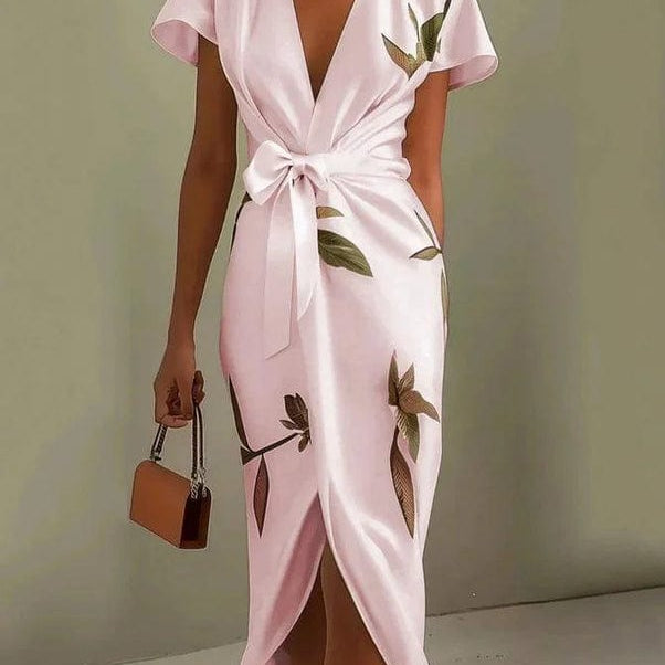 AVA JOLENE | LEAF PRINT V NECK MIDI DRESS FOR WOMEN