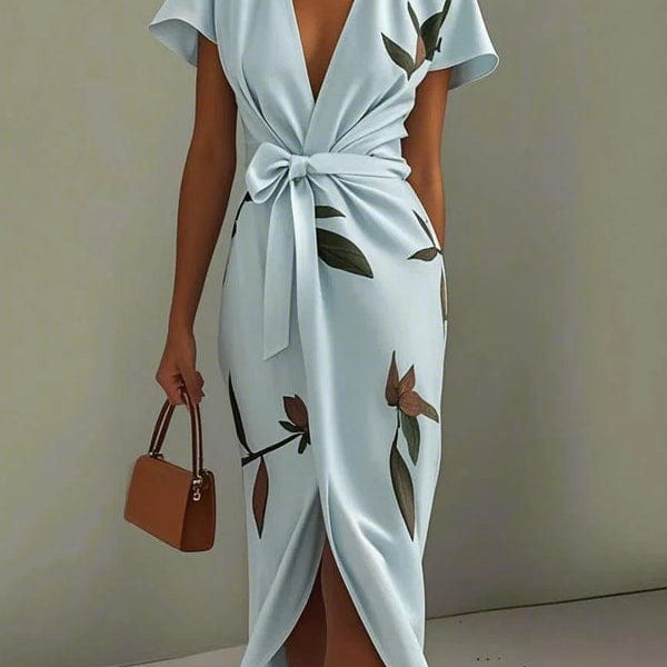 AVA JOLENE | LEAF PRINT V NECK MIDI DRESS FOR WOMEN