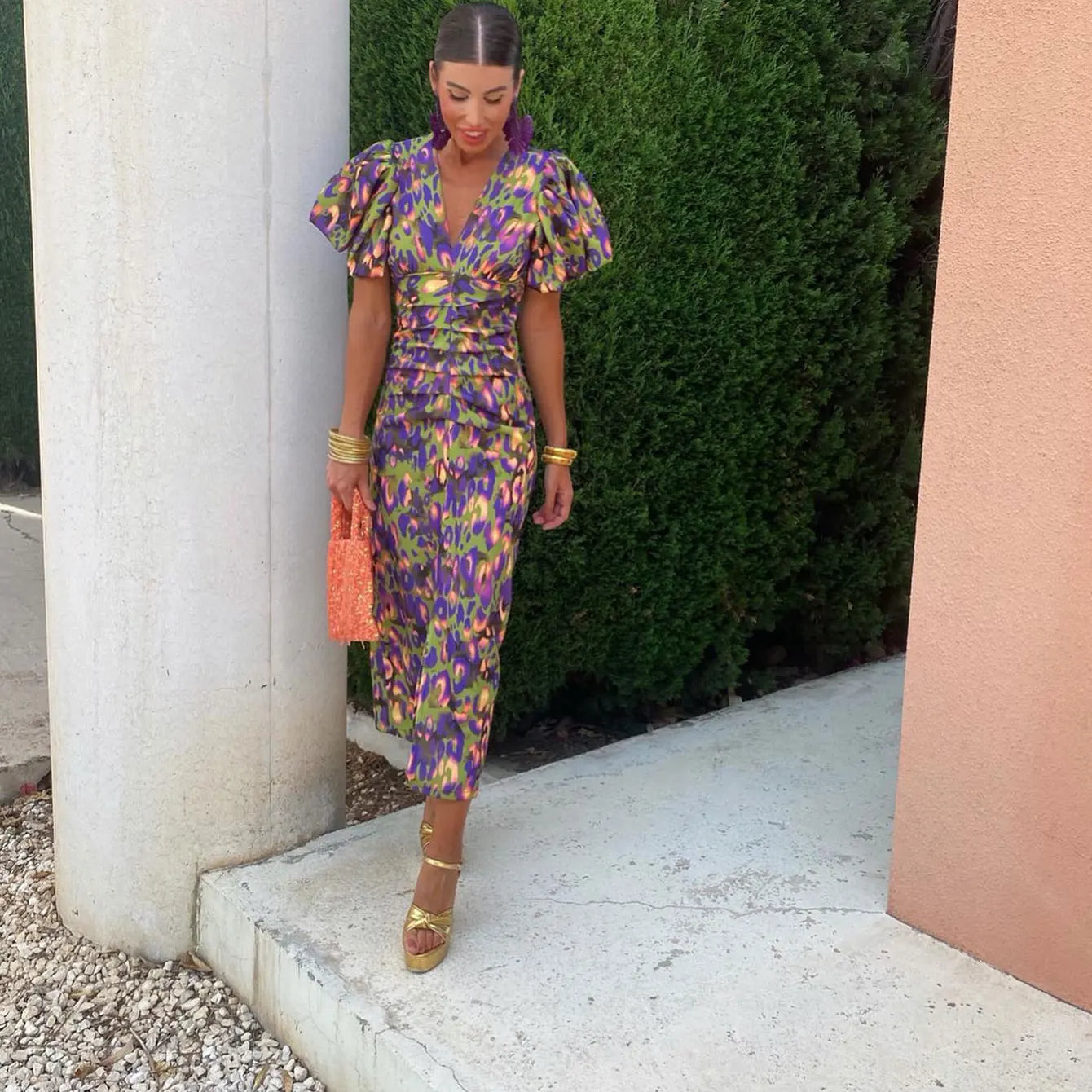AVA JOLENE | COLOURFUL PUFF SLEEVE MIDI DRESS FOR WOMEN