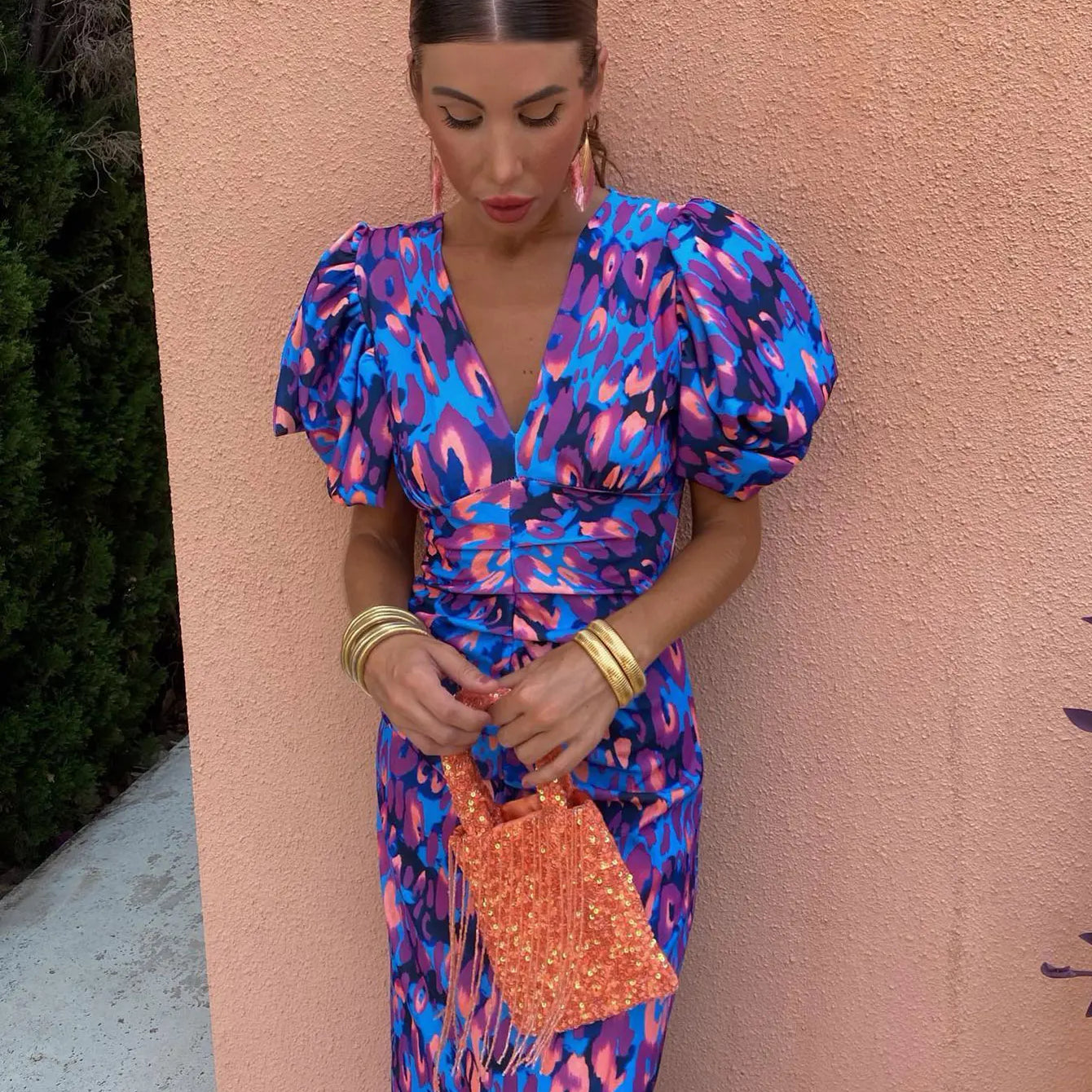 AVA JOLENE | COLOURFUL PUFF SLEEVE MIDI DRESS FOR WOMEN