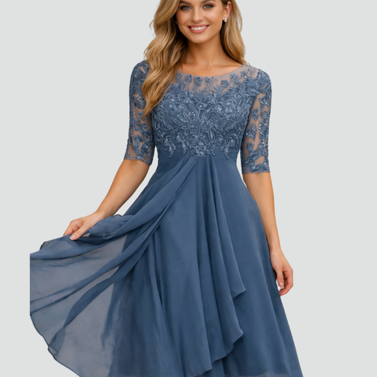AVA JOLENE | LACE TULLE MIDI DRESS WITH 3/4 SLEEVES FOR WOMEN