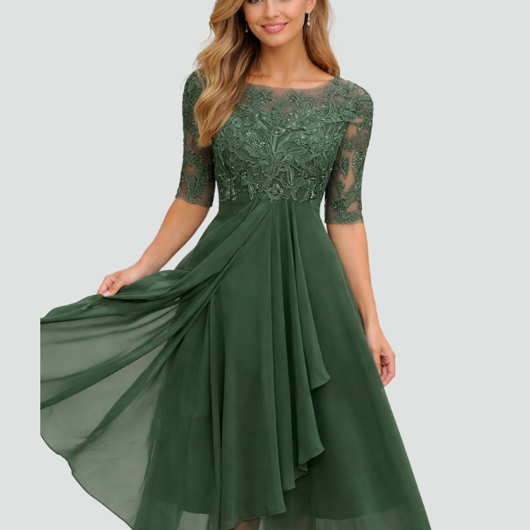AVA JOLENE | LACE TULLE MIDI DRESS WITH 3/4 SLEEVES FOR WOMEN