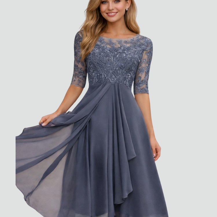 AVA JOLENE | LACE TULLE MIDI DRESS WITH 3/4 SLEEVES FOR WOMEN