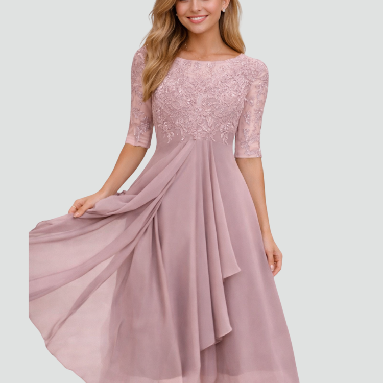 AVA JOLENE | LACE TULLE MIDI DRESS WITH 3/4 SLEEVES FOR WOMEN