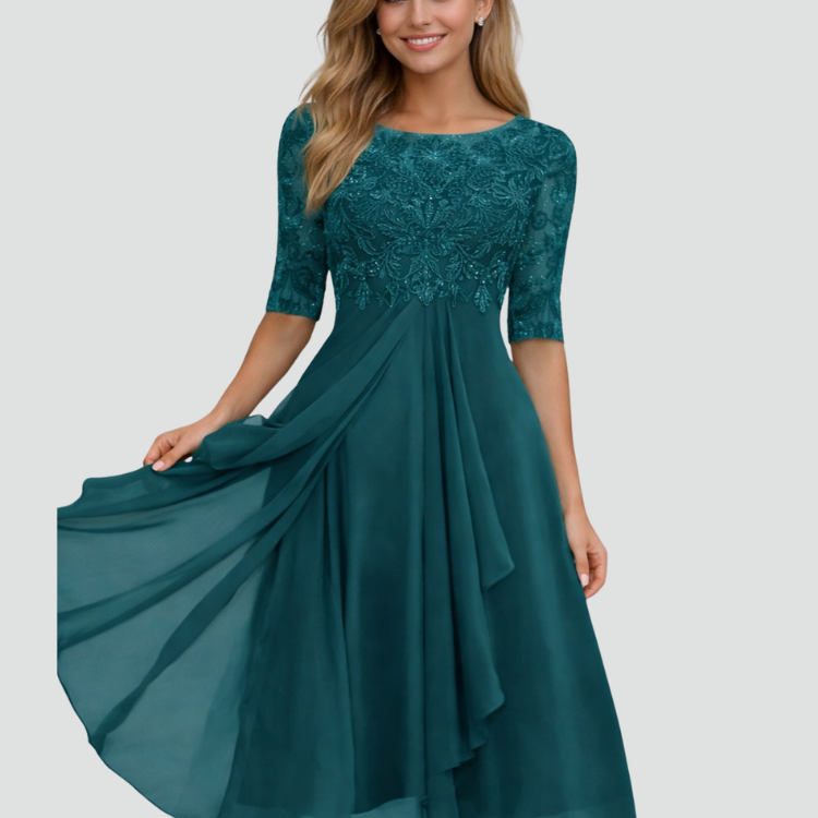 AVA JOLENE | LACE TULLE MIDI DRESS WITH 3/4 SLEEVES FOR WOMEN