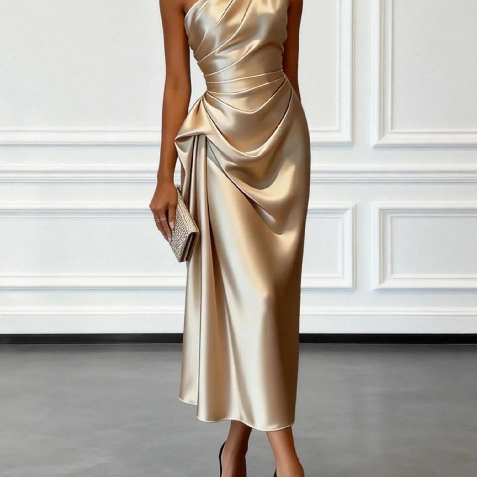 AVA JOLENE | ONE SHOULDER RUCHED MIDI DRESS FOR WOMEN