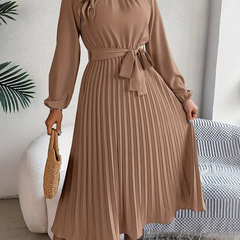 AVA JOLENE | PLEATED MIDI DRESS WITH FABRIC BELT FOR WOMEN