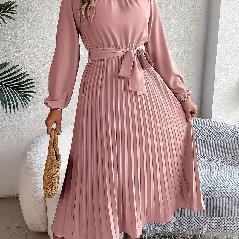 AVA JOLENE | PLEATED MIDI DRESS WITH FABRIC BELT FOR WOMEN