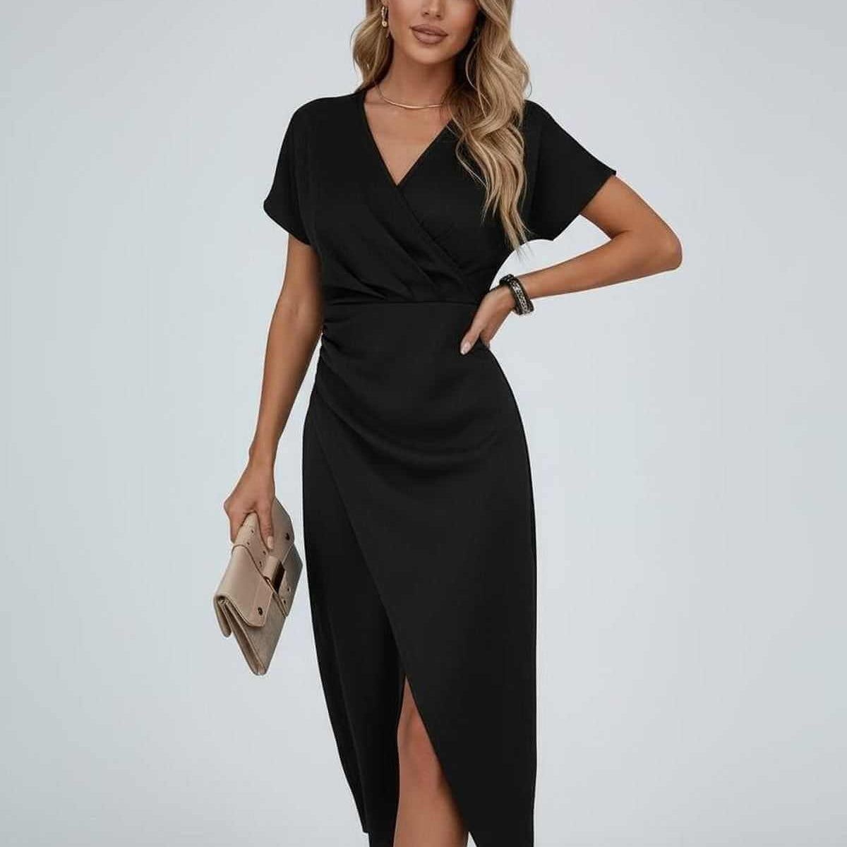 AVA JOLENE | BLACK WRAP MIDI DRESS FOR WOMEN
