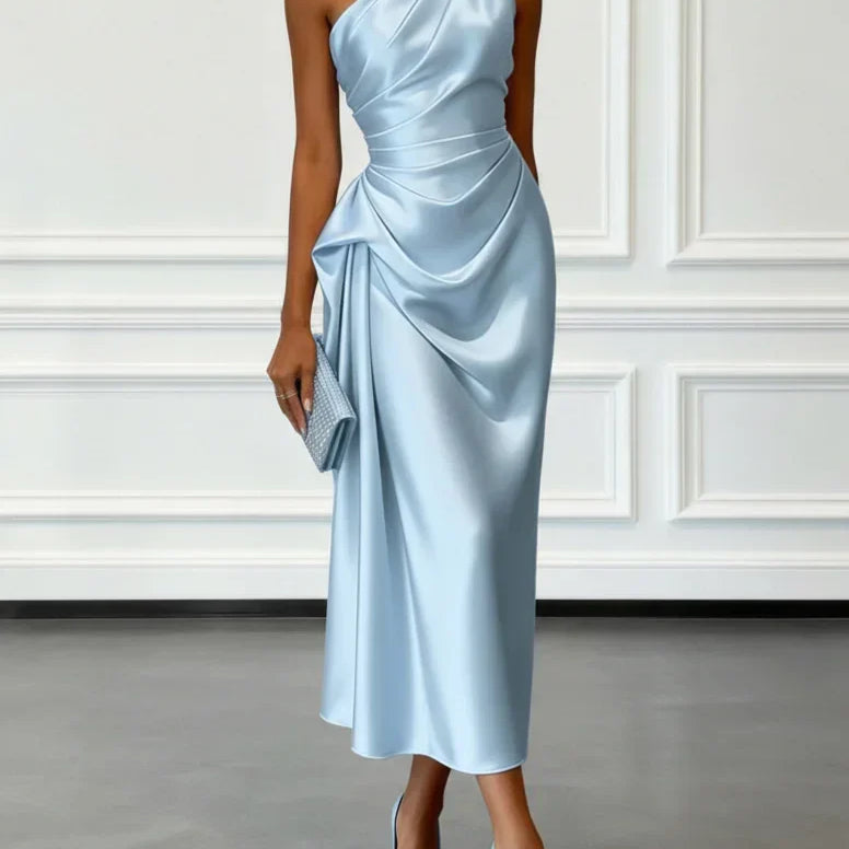 AVA JOLENE | ONE SHOULDER RUCHED MIDI DRESS FOR WOMEN