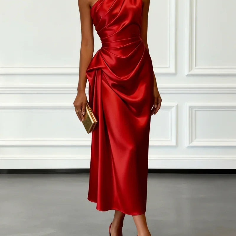 AVA JOLENE | ONE SHOULDER RUCHED MIDI DRESS FOR WOMEN
