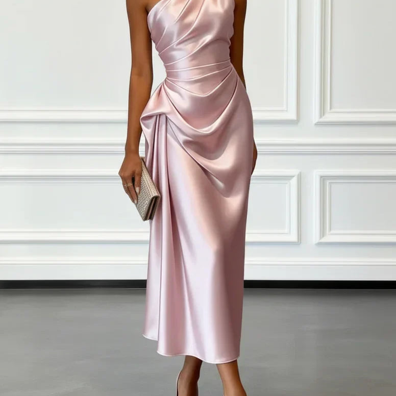 AVA JOLENE | ONE SHOULDER RUCHED MIDI DRESS FOR WOMEN