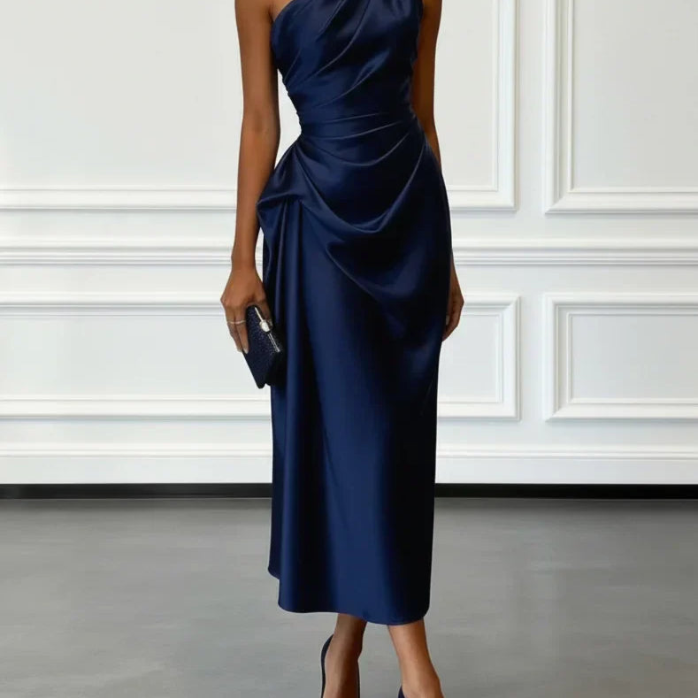 AVA JOLENE | ONE SHOULDER RUCHED MIDI DRESS FOR WOMEN