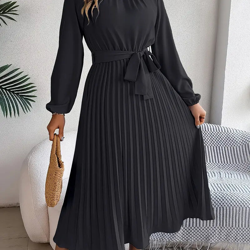 AVA JOLENE | PLEATED MIDI DRESS WITH FABRIC BELT FOR WOMEN