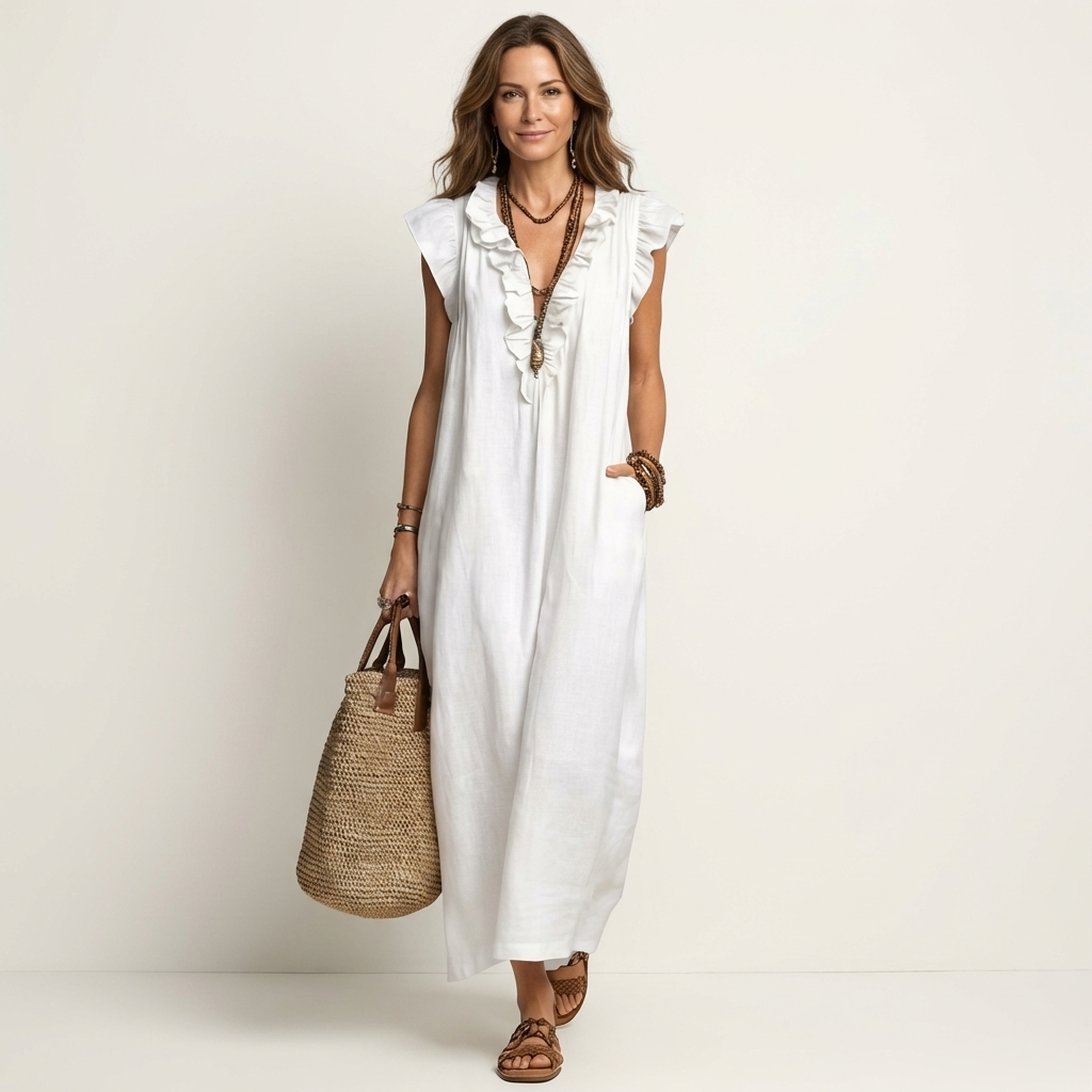 AVA JOLENE | Ruffle V-Neck Midi Dress For Women