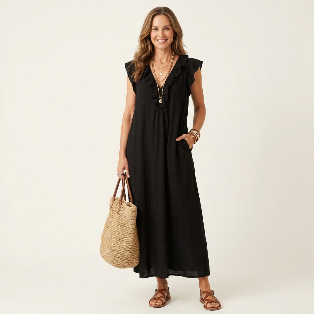 AVA JOLENE | Ruffle V-Neck Midi Dress For Women